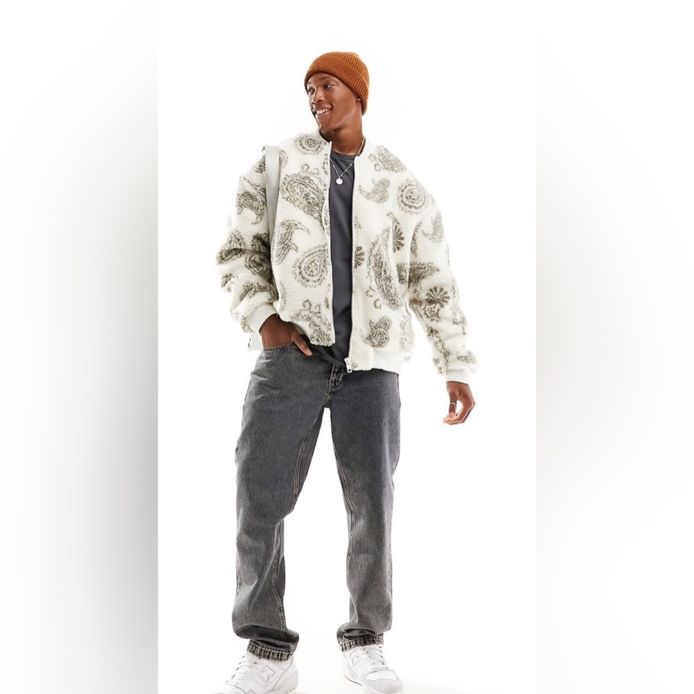 ASOS DESIGN oversized paisley borg bomber jacket in ecru /Size M